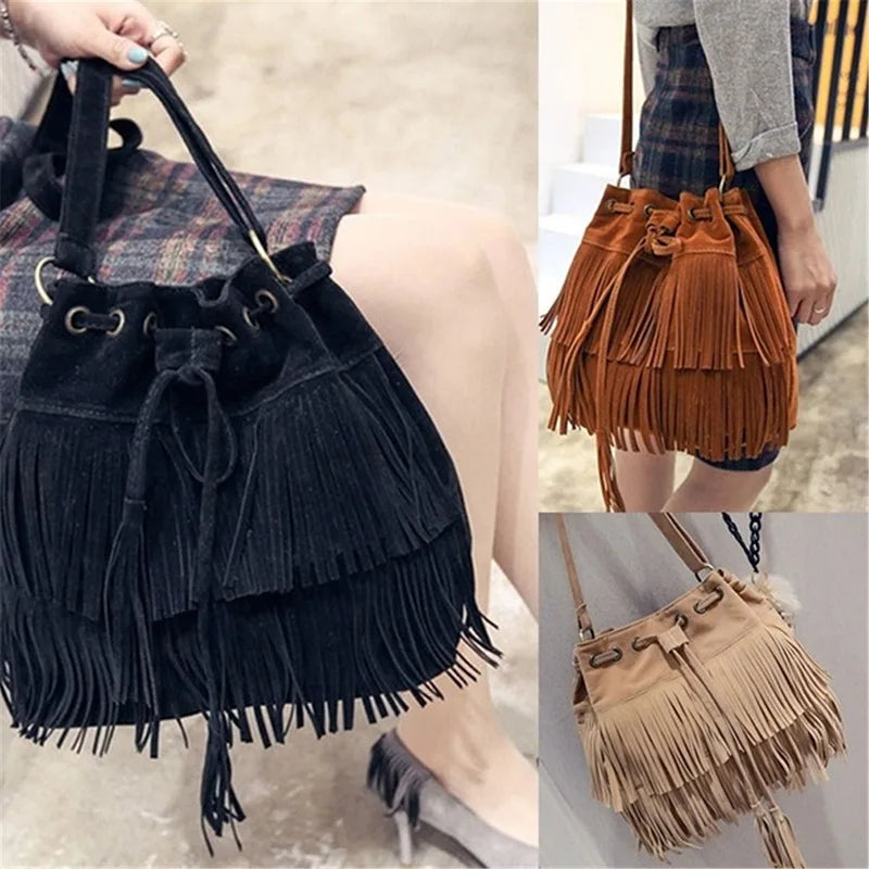 Women Shoulder Bag Solid Tassels Trending Cross Body Bag Tassel Faux Fringe