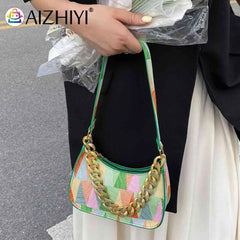 Colorful Triangle Printed Small Shoulder Bag with Thick Chain for Travel