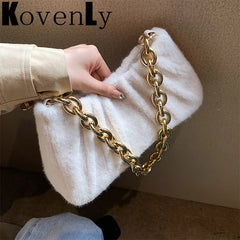 Pink Plush Shoulder Bag with Thick Chain for Women