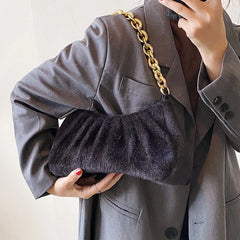Pink Plush Shoulder Bag with Thick Chain for Women