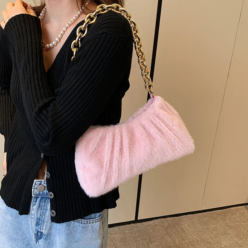 Pink Plush Shoulder Bag with Thick Chain for Women