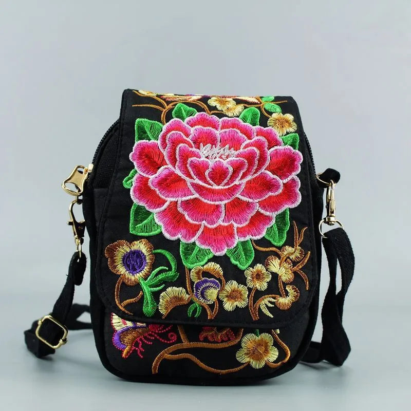 Vintage Embroidered Crossbody Zip Bag, Women Shoulder Bag