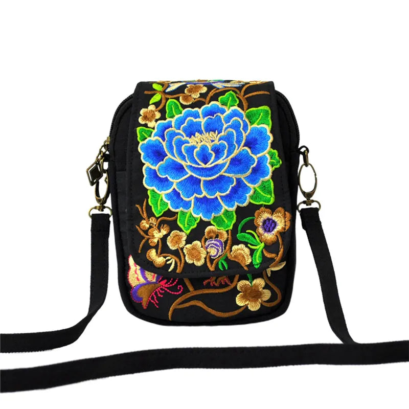 Vintage Embroidered Crossbody Zip Bag, Women Shoulder Bag