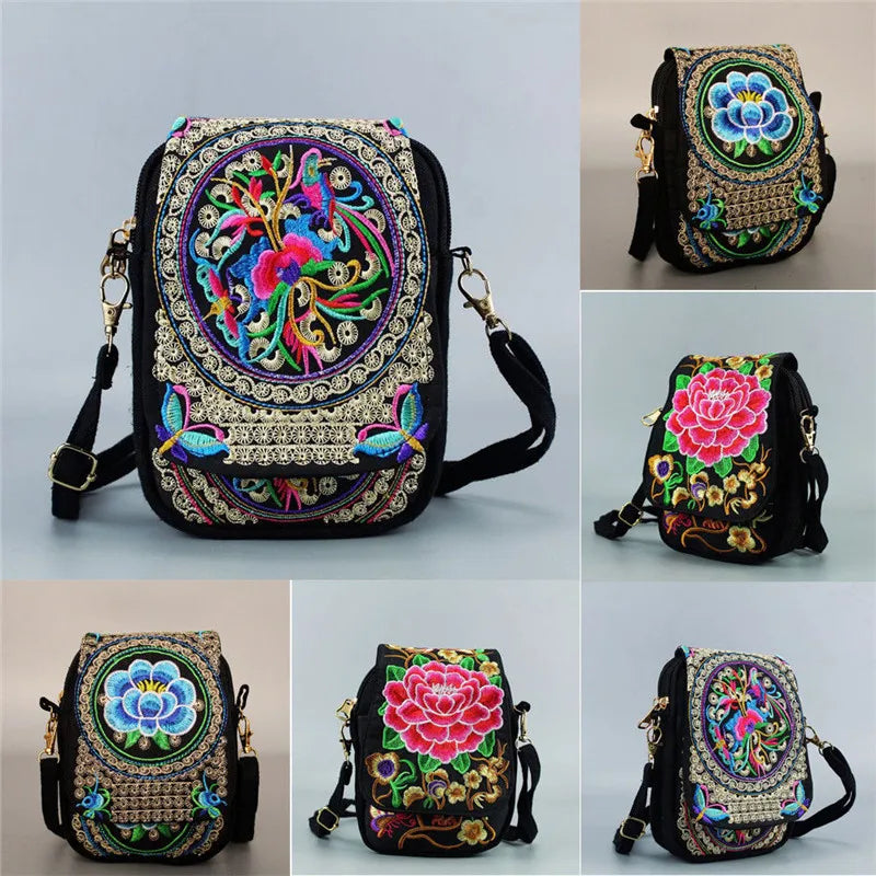 Vintage Embroidered Crossbody Zip Bag, Women Shoulder Bag
