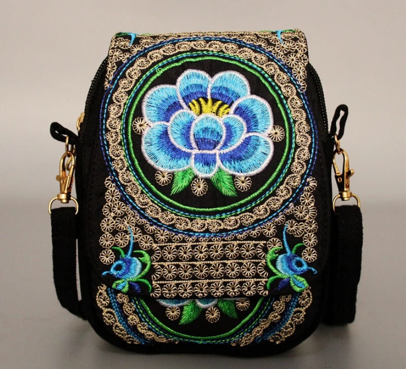Vintage Embroidered Crossbody Zip Bag, Women Shoulder Bag