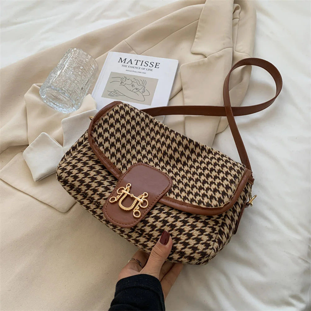 Women Shoulder Bag Woolen Cloth Flap Purse Variety of Colors Houndstooth Print