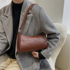 PU Leather Lattice Crescent Shoulder Bag Embroidered Thread Handbag
