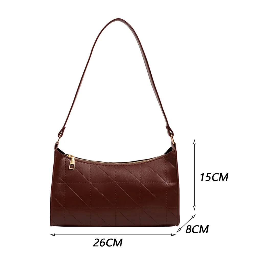 PU Leather Lattice Crescent Shoulder Bag Embroidered Thread Handbag