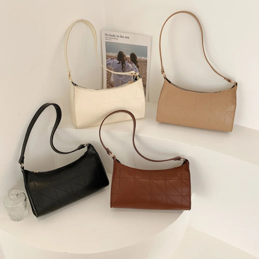PU Leather Lattice Crescent Shoulder Bag Embroidered Thread Handbag