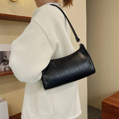 Women Shoulder Bag PU Leather Lattice Handbag Embroidery Underarm Bag
