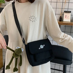 Canvas Crossbody Shoulder Bag with Cartoon Planet Embroidery
