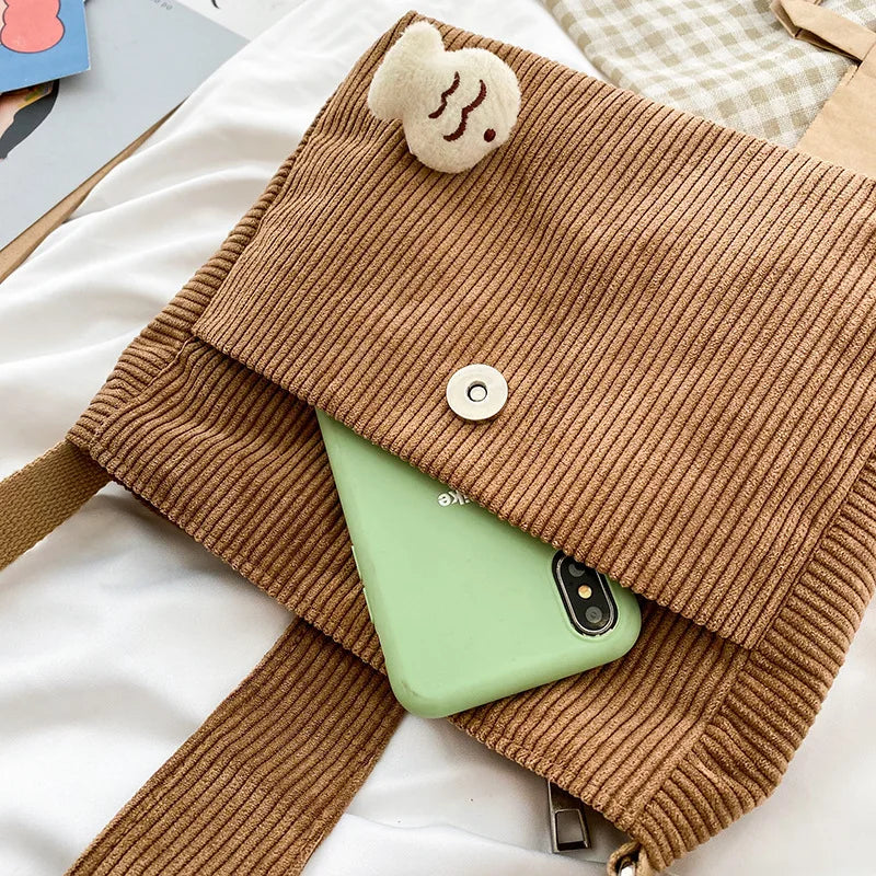 Corduroy Shopper Bags Girl Cat Doll Mini Crossbody Bags