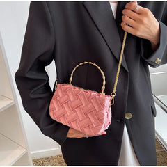 Women Shoulder Bags Pleated Weave Handbags Golden Metal Handle Chain