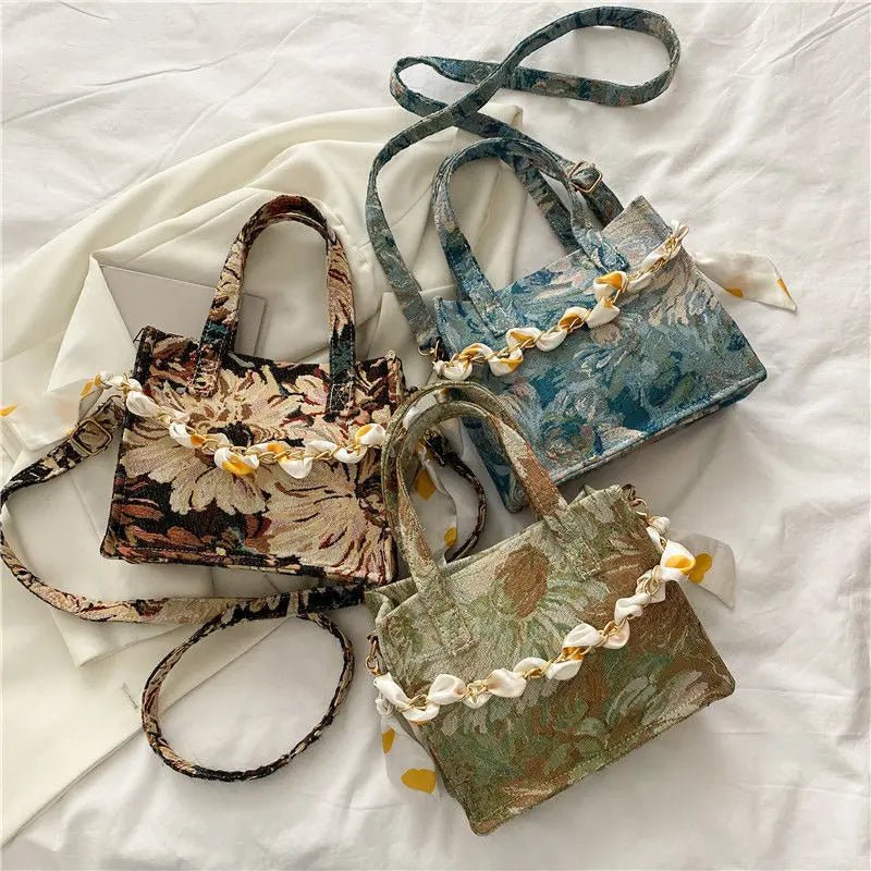 Women Shoulder Bags Oil-painting Canvas Bag Chain Totes