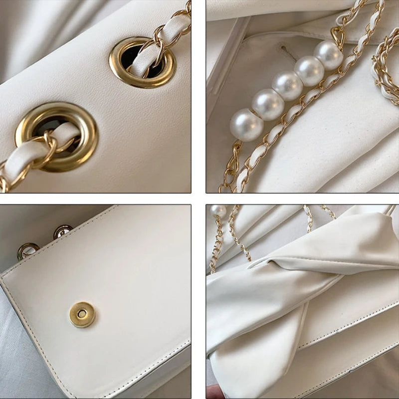 Women Shoulder Bag with Chains and Pearls Crossbody Bag