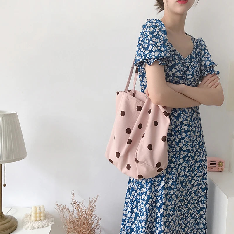 Canvas Shoulder Bag Large Capacity Dot Casual Totes Embroidery School Bag