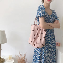 Canvas Shoulder Bag Large Capacity Dot Casual Totes Embroidery School Bag