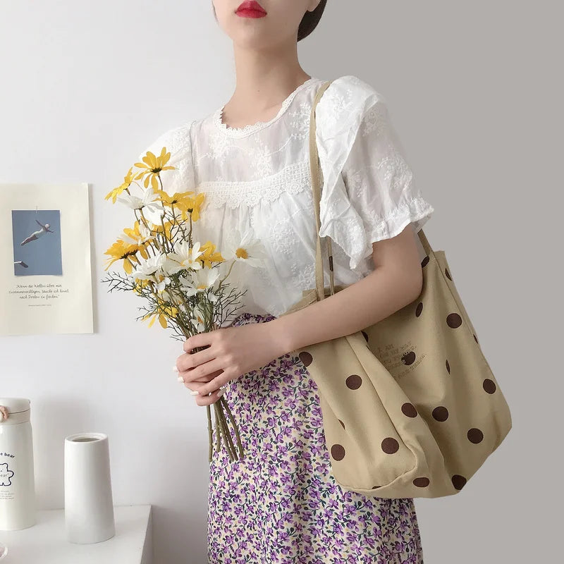 Canvas Shoulder Bag Large Capacity Dot Casual Totes Embroidery School Bag