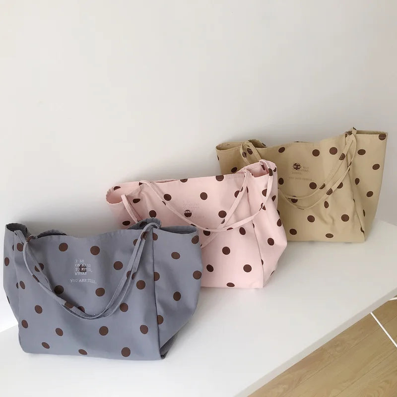 Canvas Shoulder Bag Large Capacity Dot Casual Totes Embroidery School Bag
