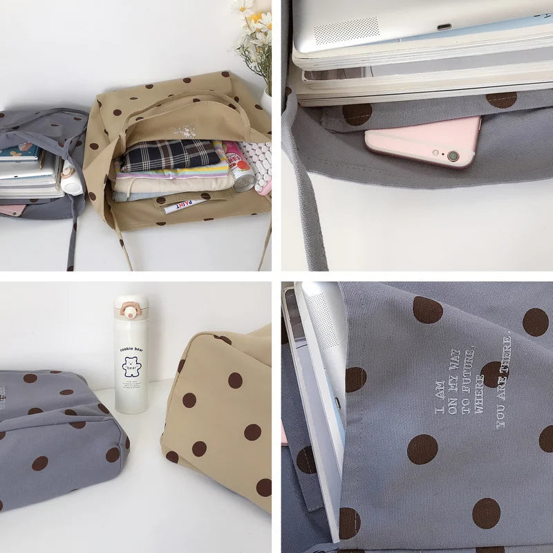 Canvas Shoulder Bag Large Capacity Dot Casual Totes Embroidery School Bag