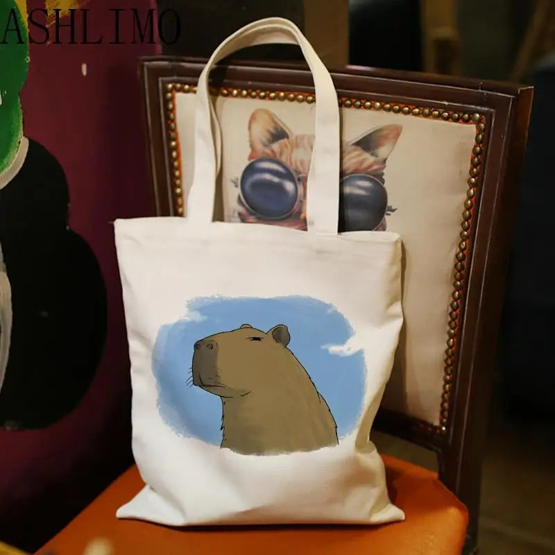 Capybara Print Shoulder Bag Canvas Tote Shopping Eco Beach Cartoon Large