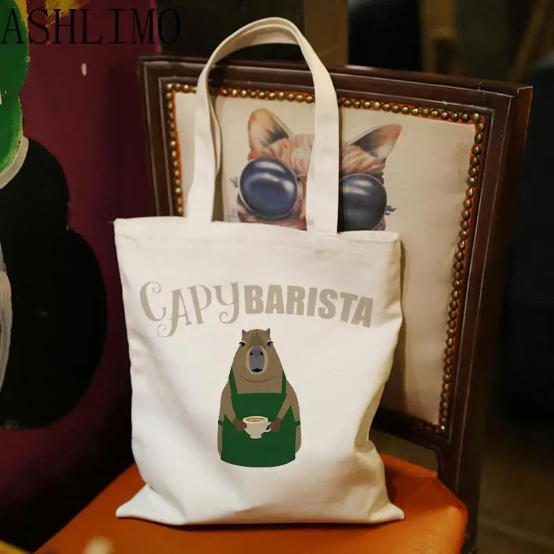 Capybara Print Shoulder Bag Canvas Tote Shopping Eco Beach Cartoon Large