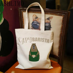 Capybara Print Shoulder Bag Canvas Tote Shopping Eco Beach Cartoon Large