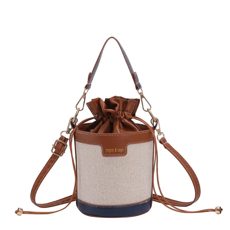 Women Shoulder Bags Cylinder PU Leather Bucket Crossbody Bag Casual Drawstring H