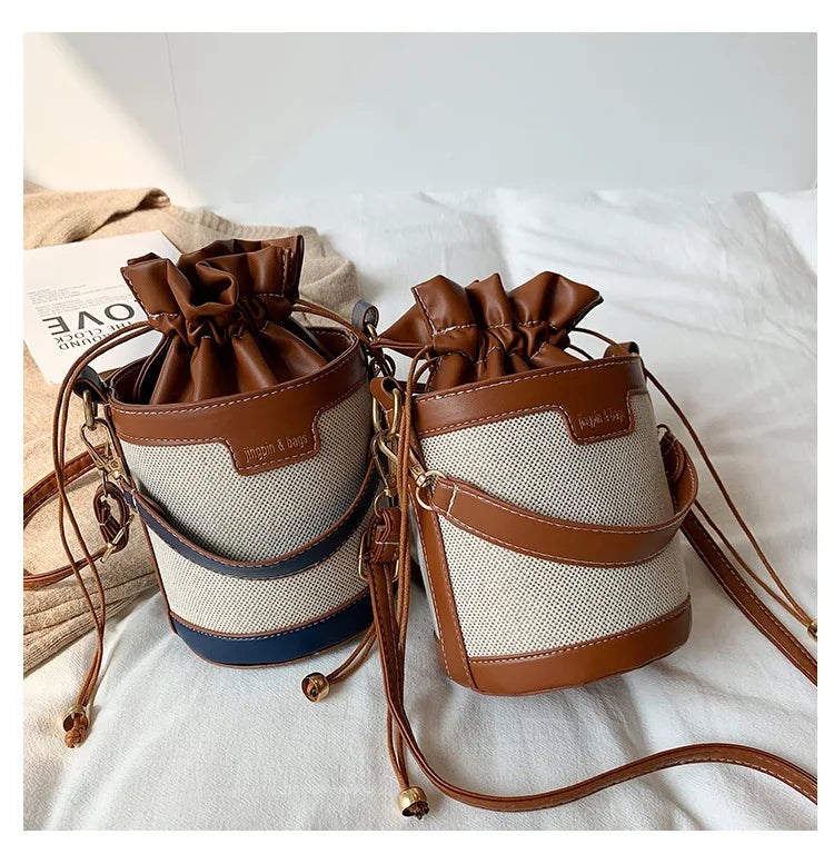 Women Shoulder Bags Cylinder PU Leather Bucket Crossbody Bag Casual Drawstring H