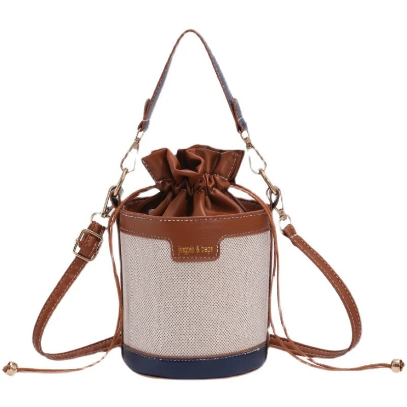 Women Shoulder Bags Cylinder PU Leather Bucket Crossbody Bag Casual Drawstring H