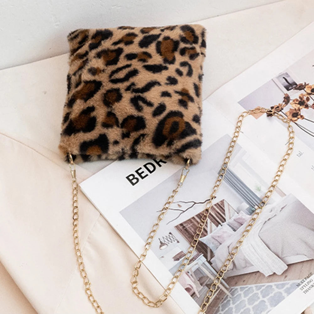 Leopard Pattern Messenger Bag Plush Shopping Bags for Lady
