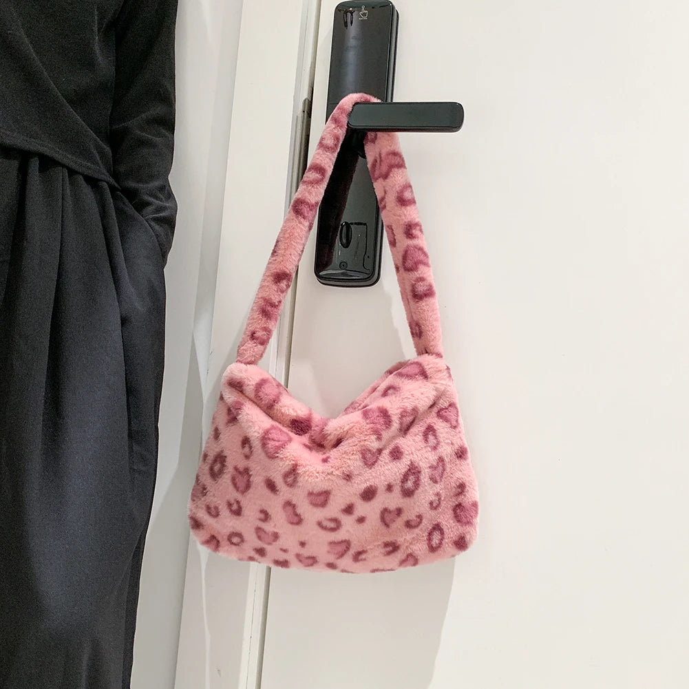 Leopard Pattern Underarm Bag Plush Shopping Bags Vintage Lady