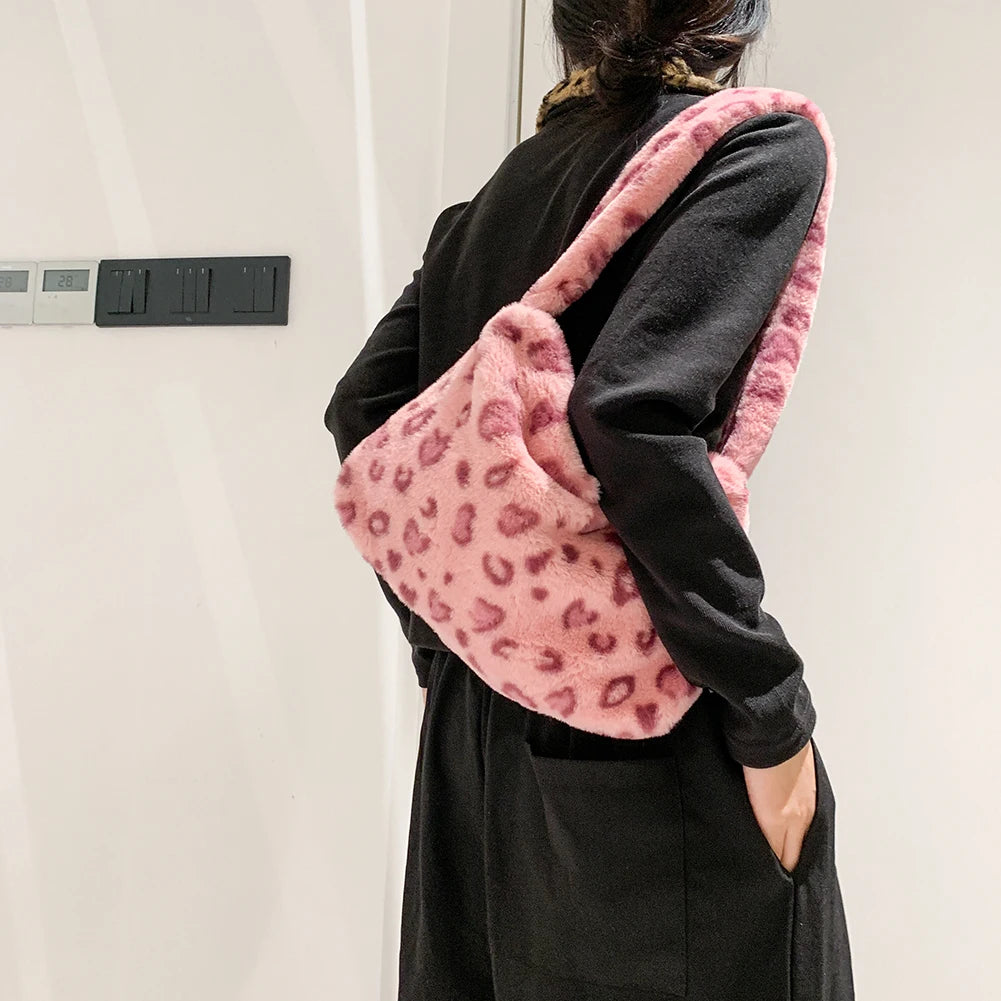 Leopard Pattern Underarm Bag Plush Shopping Bags Vintage Lady