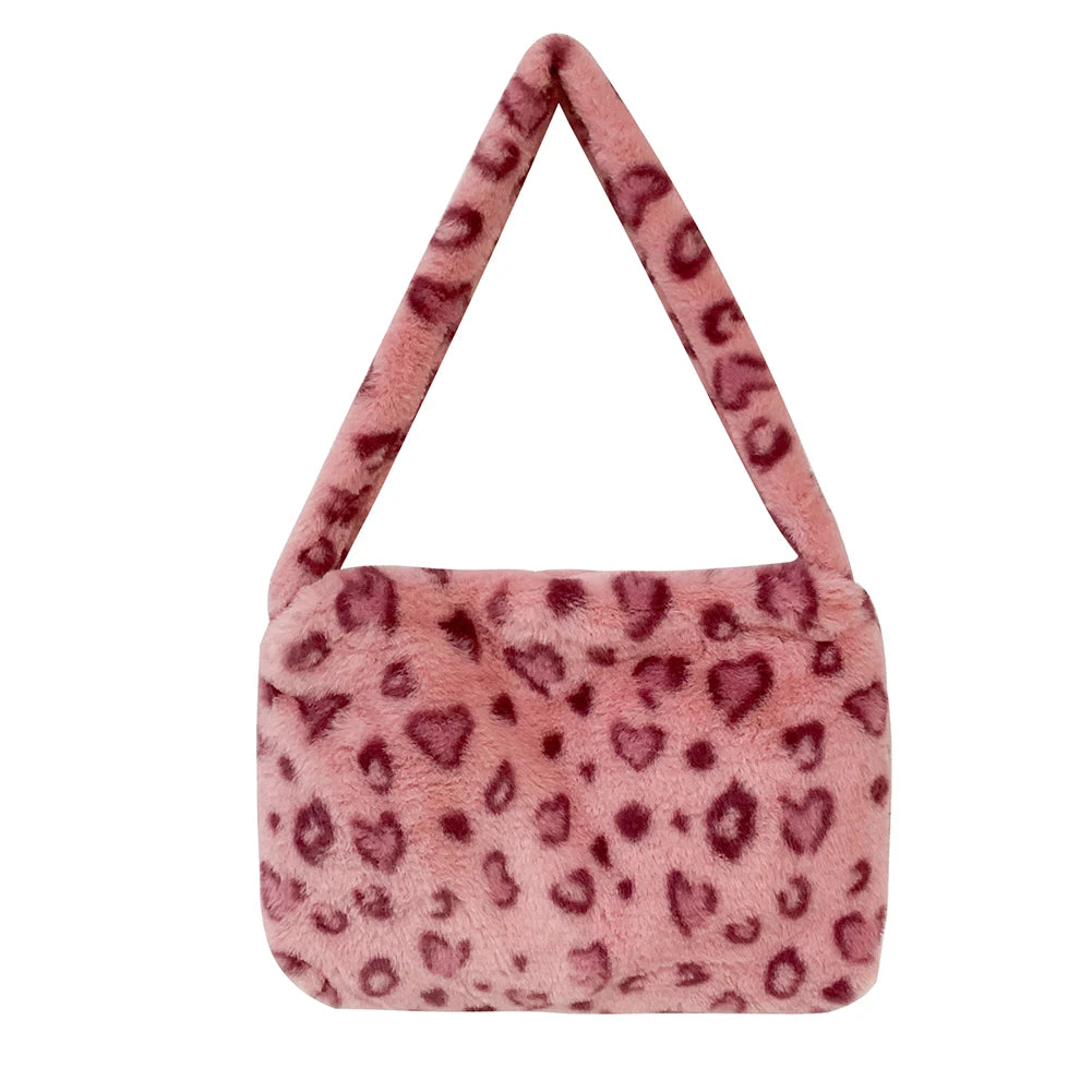 Leopard Pattern Underarm Bag Plush Shopping Bags Vintage Lady