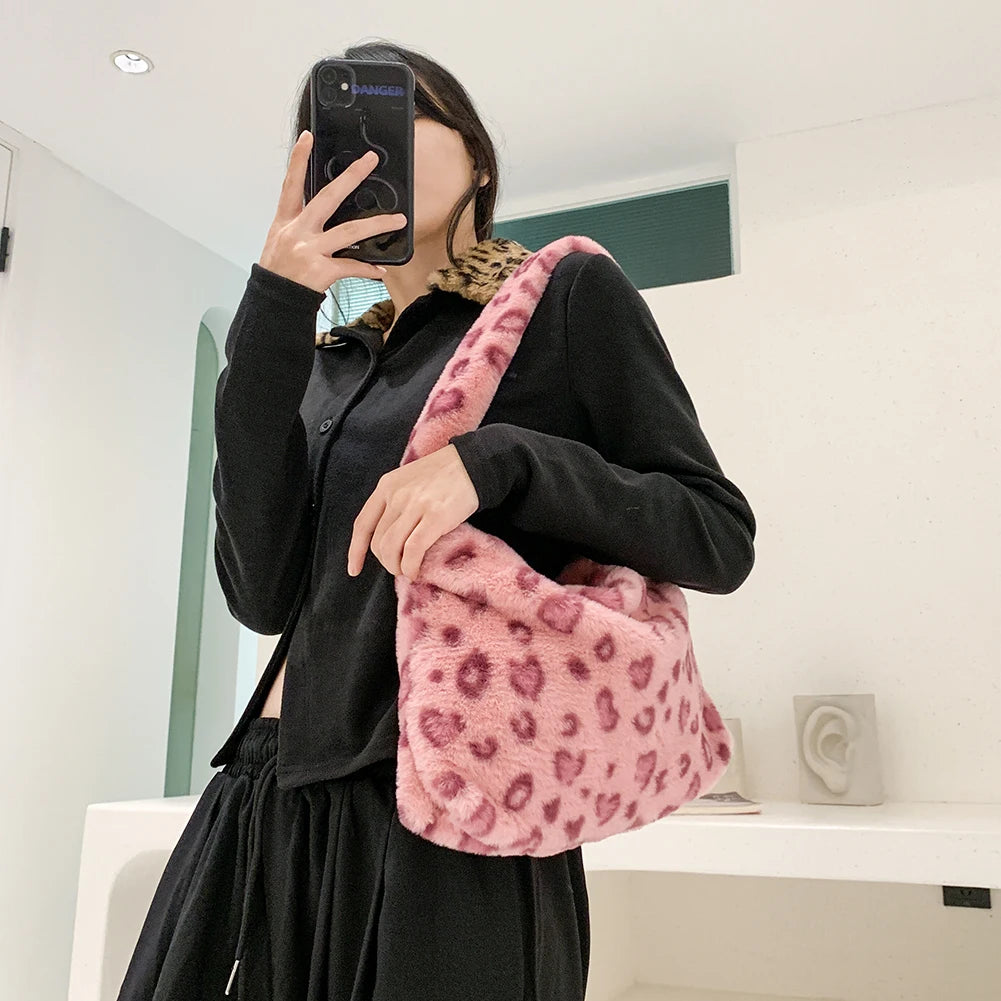 Leopard Pattern Underarm Bag Plush Shopping Bags Vintage Lady