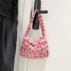 Leopard Pattern Underarm Bag Plush Shopping Bags Vintage Lady