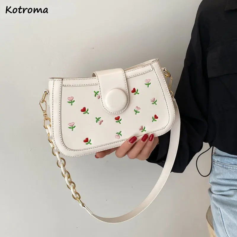 Floral Embroidery Vintage Chains Shoulder Bag, Fairy Texture PU Leather Handbag