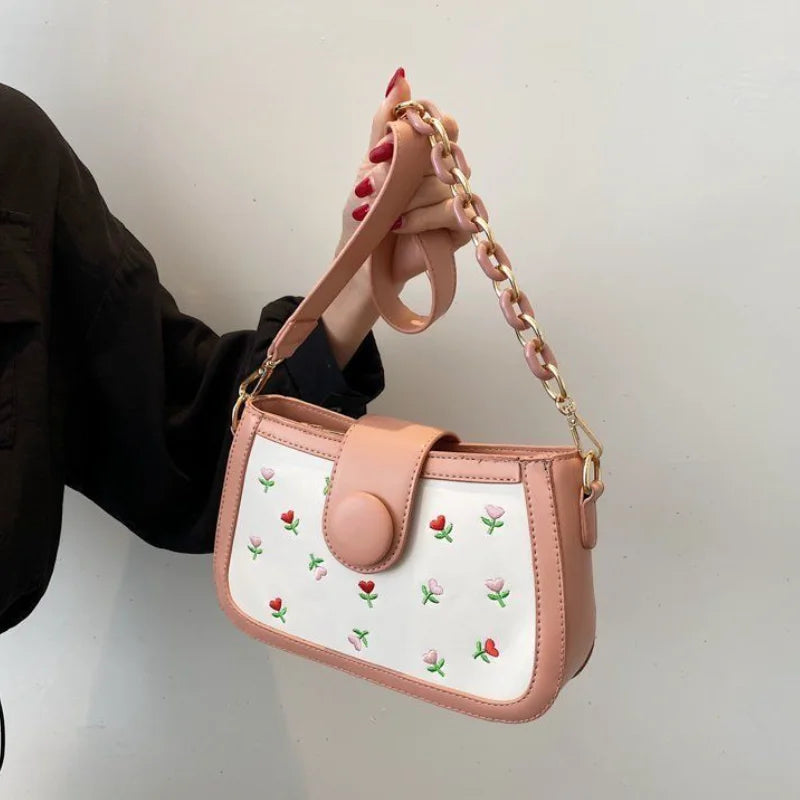 Floral Embroidery Vintage Chains Shoulder Bag, Fairy Texture PU Leather Handbag