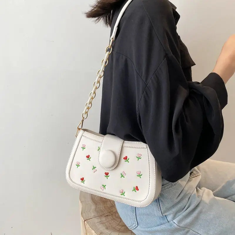 Floral Embroidery Vintage Chains Shoulder Bag, Fairy Texture PU Leather Handbag