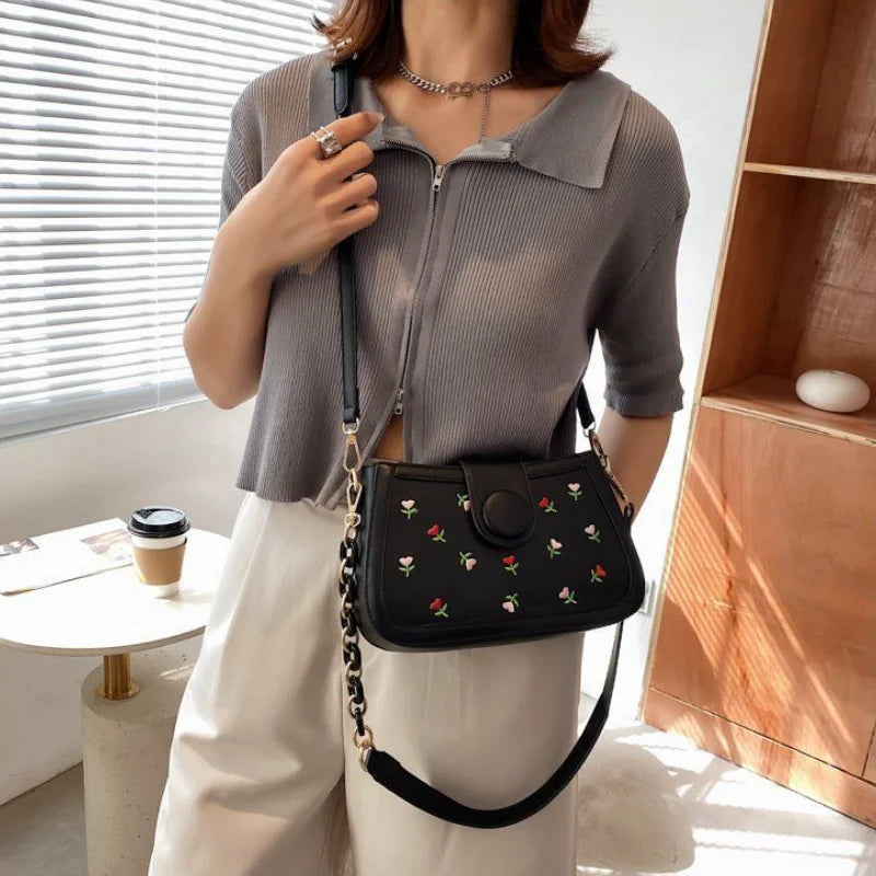 Floral Embroidery Vintage Chains Shoulder Bag, Fairy Texture PU Leather Handbag