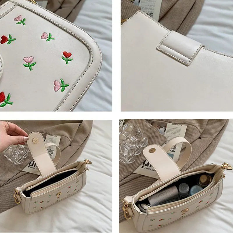 Floral Embroidery Vintage Chains Shoulder Bag, Fairy Texture PU Leather Handbag