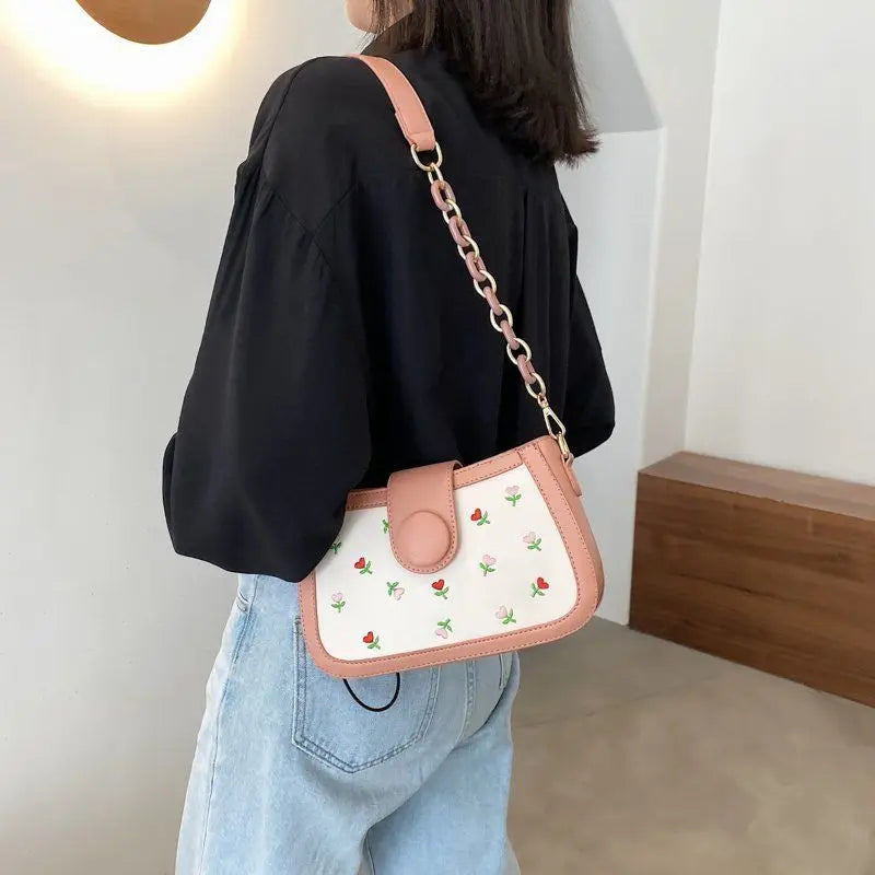 Floral Embroidery Vintage Chains Shoulder Bag, Fairy Texture PU Leather Handbag