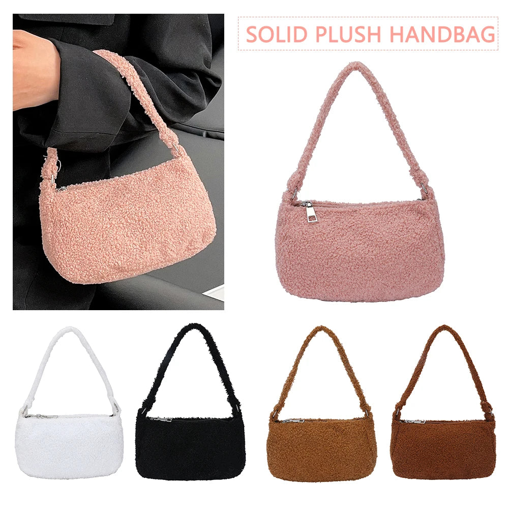 Fluffy Solid Women Shoulder Bag Warm Large Tote Plush Underarm Bag