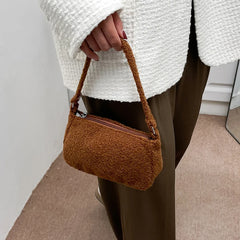 Fluffy Solid Women Shoulder Bag Warm Large Tote Plush Underarm Bag