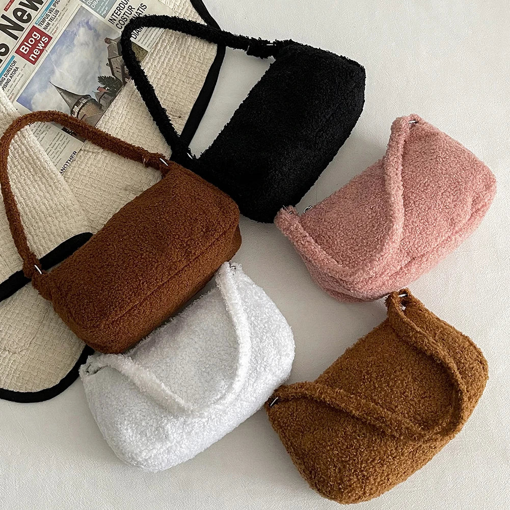 Fluffy Solid Women Shoulder Bag Warm Large Tote Plush Underarm Bag