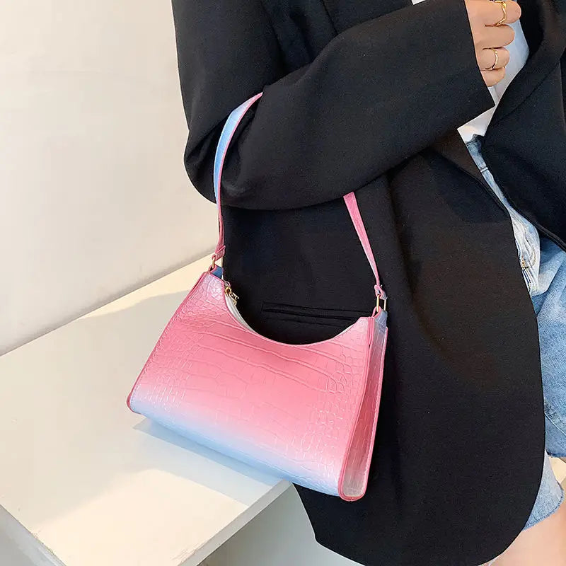 Gradient Zipper Women Shoulder Bag Crocodile Pattern Handbag