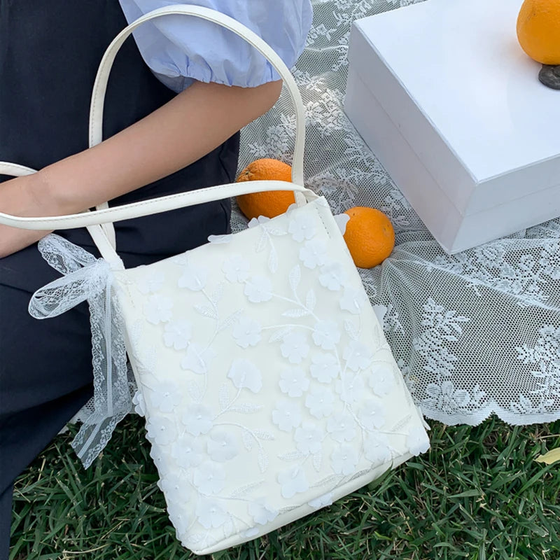 Sweet Lace Floral Shoulder Bag with Ribbons