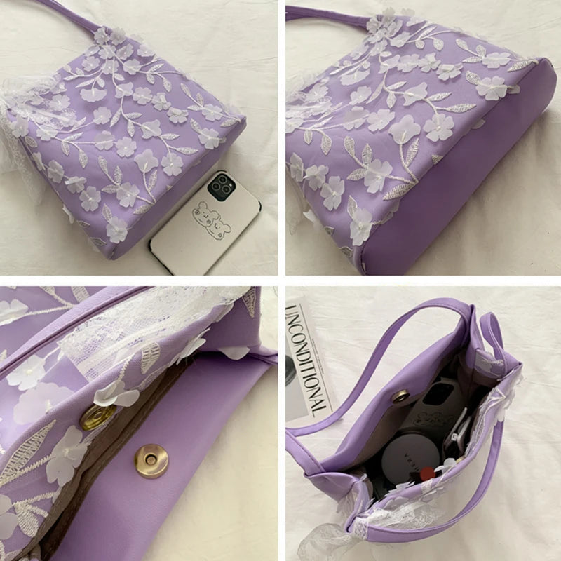 Sweet Lace Floral Shoulder Bag with Ribbons