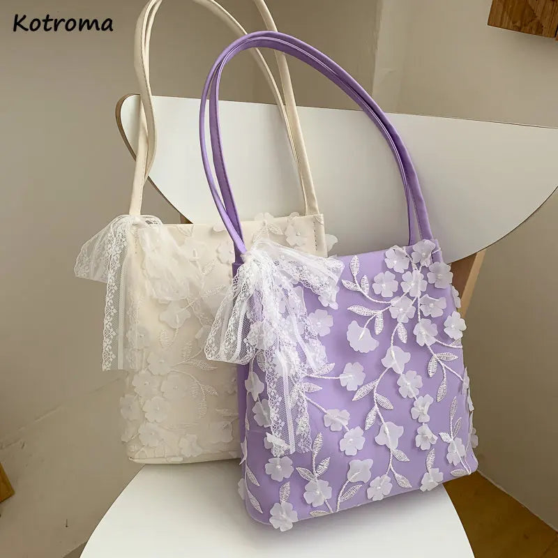 Sweet Lace Floral Shoulder Bag with Ribbons