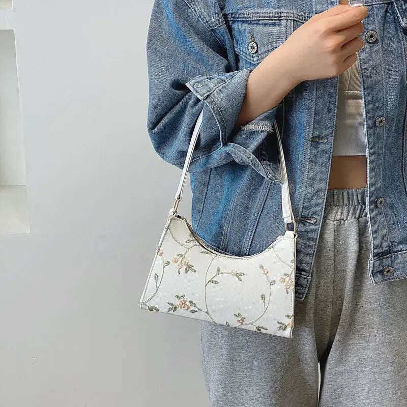 Lace Floral Shoulder Bag Square Handbag PU Leather Zipper All-match
